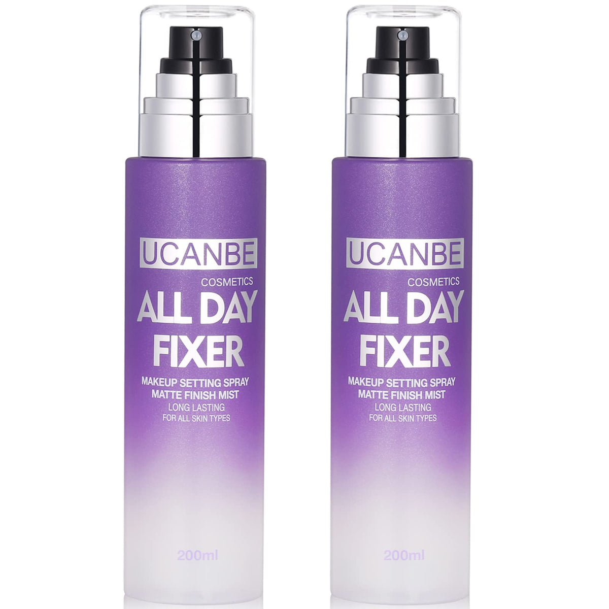 UCANBE makeup setting spray 2pc set bottle close-up for all-day wear.