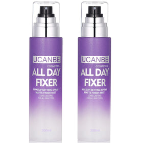 UCANBE makeup setting spray 2pc set bottle close-up for all-day wear.