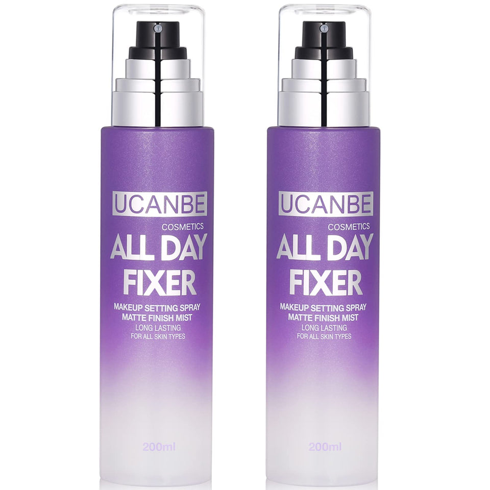 UCANBE makeup setting spray 2pc set bottle close-up for all-day wear.