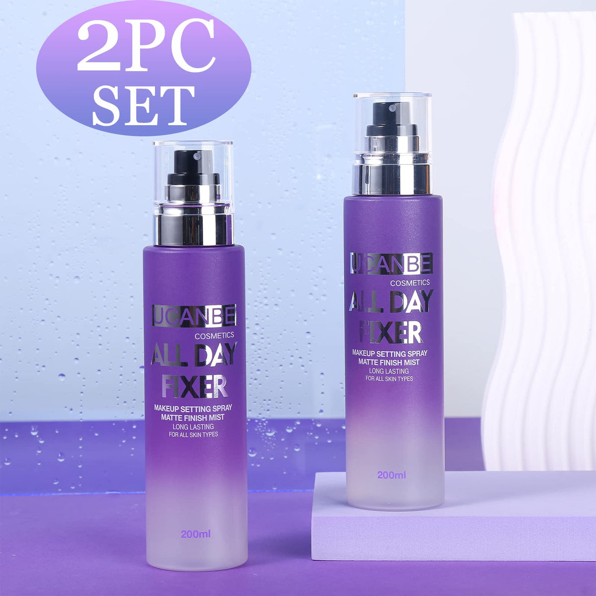 UCANBE matte finishing spray bottle demonstrating oil-control finish.