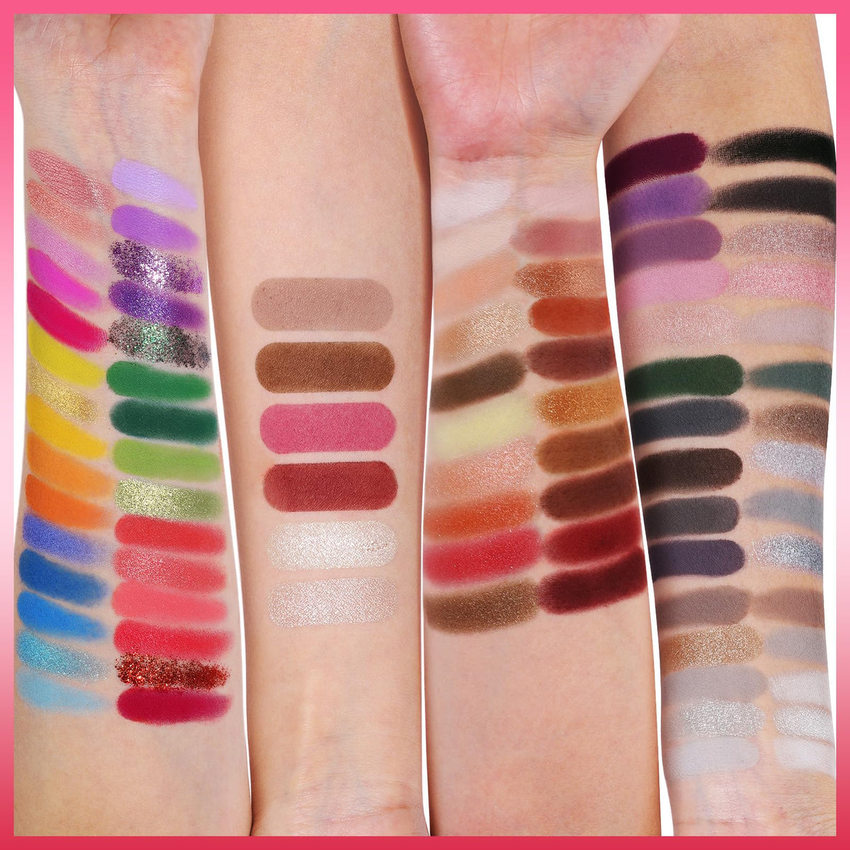 UCANBE Pretty All Set palette swatches reveal matte, shimmer, and glitter finishes for rich payoff.