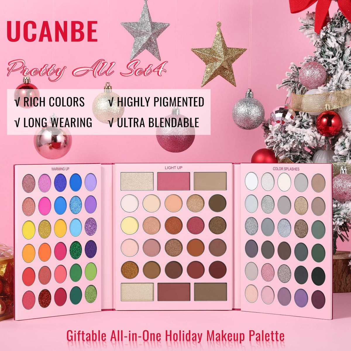 UCANBE Pretty All Set palette pan close-up showing matte, shimmer, and glitter finishes.