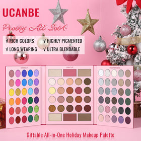 UCANBE Pretty All Set palette pan close-up showing matte, shimmer, and glitter finishes.
