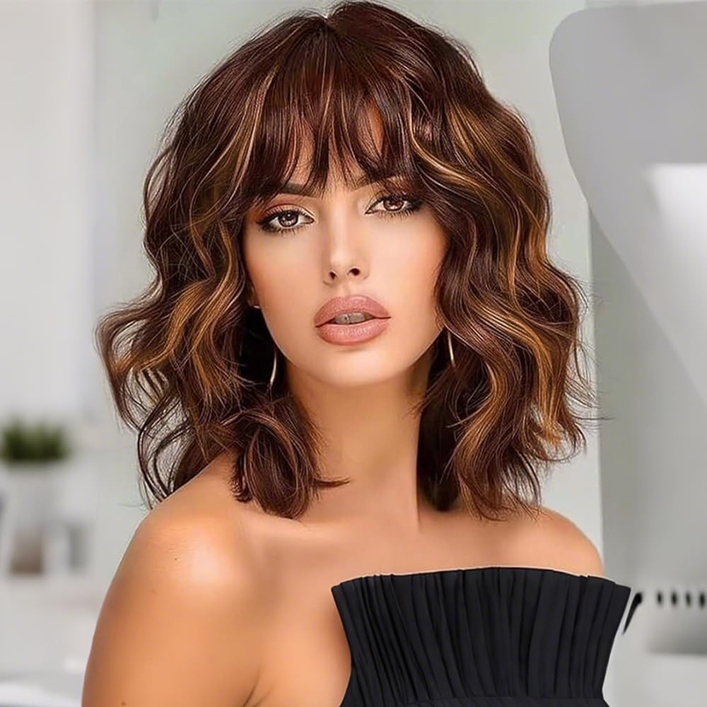 Ucubb short bob wavy wig with bangs front view showing natural texture for daily wear