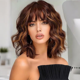 Ucubb short bob wavy wig with bangs front view showing natural texture for daily wear