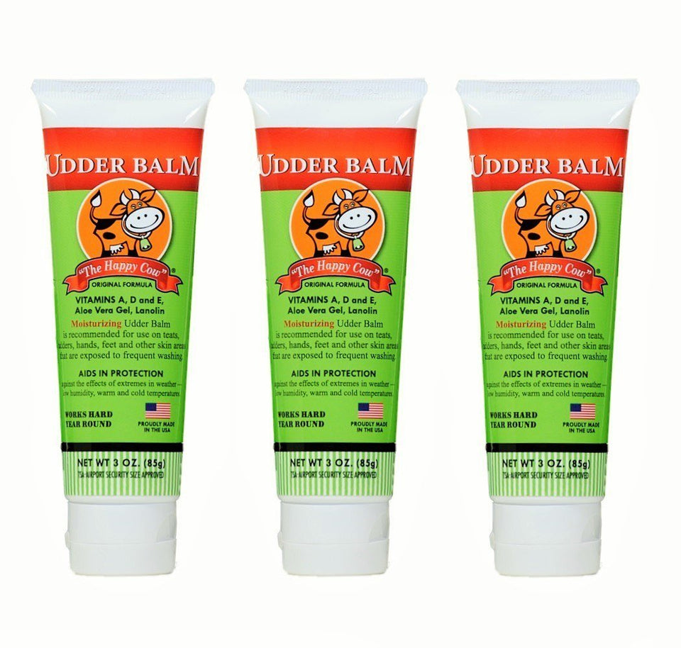 Udder Balm Happy Cow 3oz bottle close up, hydrating dry skin