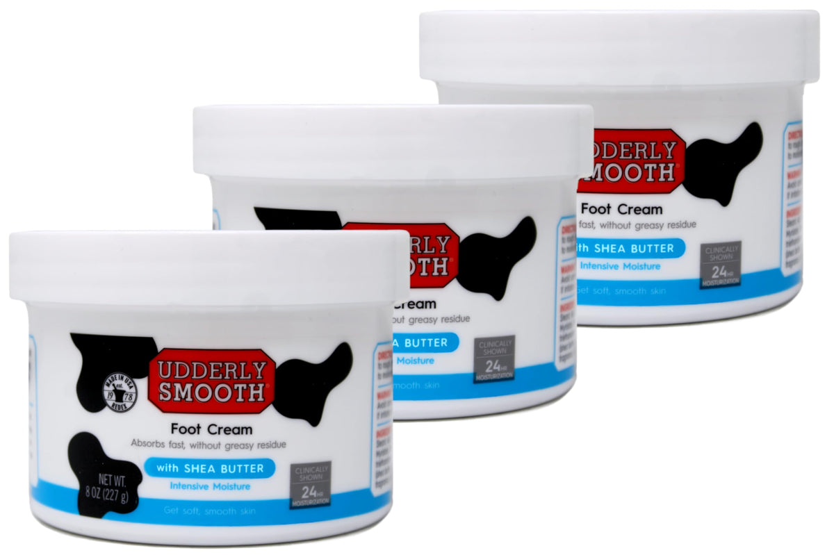 Udderly Smooth foot cream three-pack display highlighting moisture for dry feet