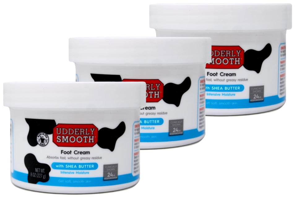 Udderly Smooth foot cream three-pack display highlighting moisture for dry feet