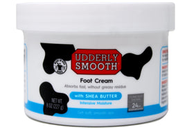Udderly Smooth foot cream tube closeup shows Shea Butter formula for soft feet