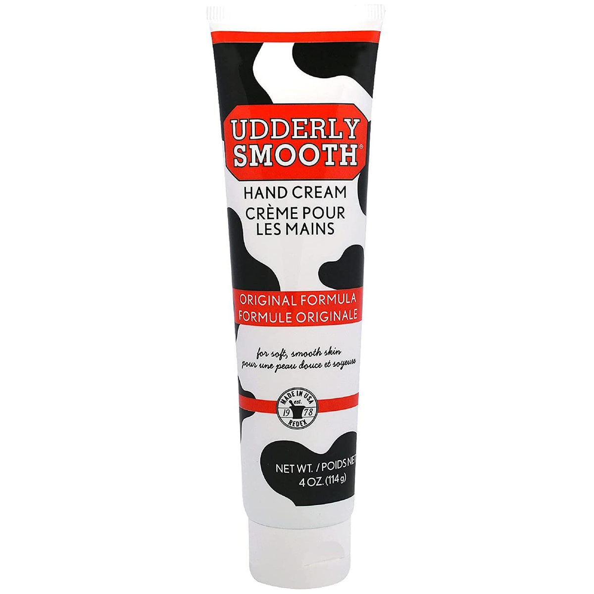 Udderly Smooth Hand Cream in use on hands, non-greasy finish.