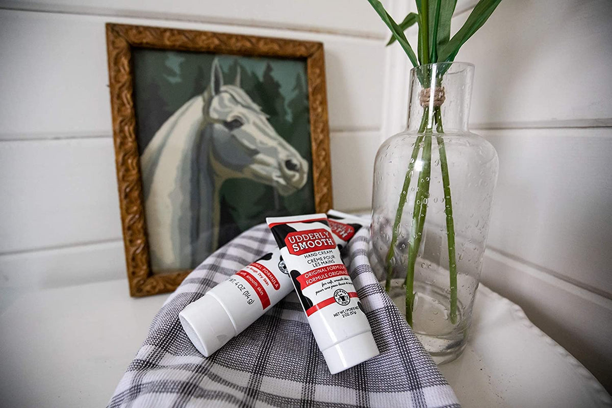 Udderly Smooth Hand Cream label detail highlights the classic formula.