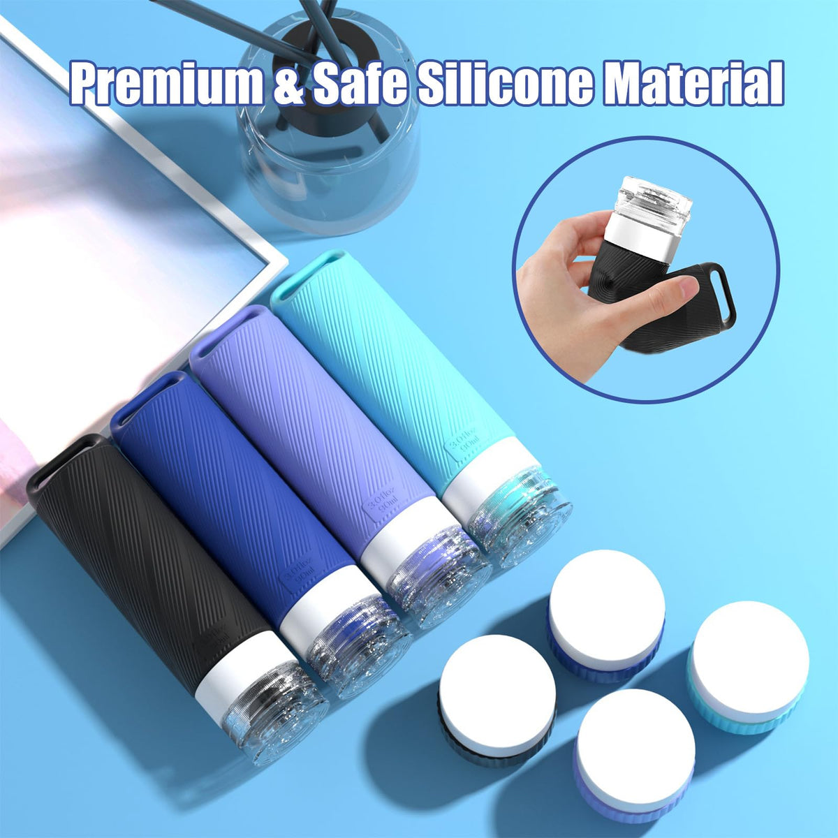Udihch bottles with hanging holes and carabiners for space-saving storage.