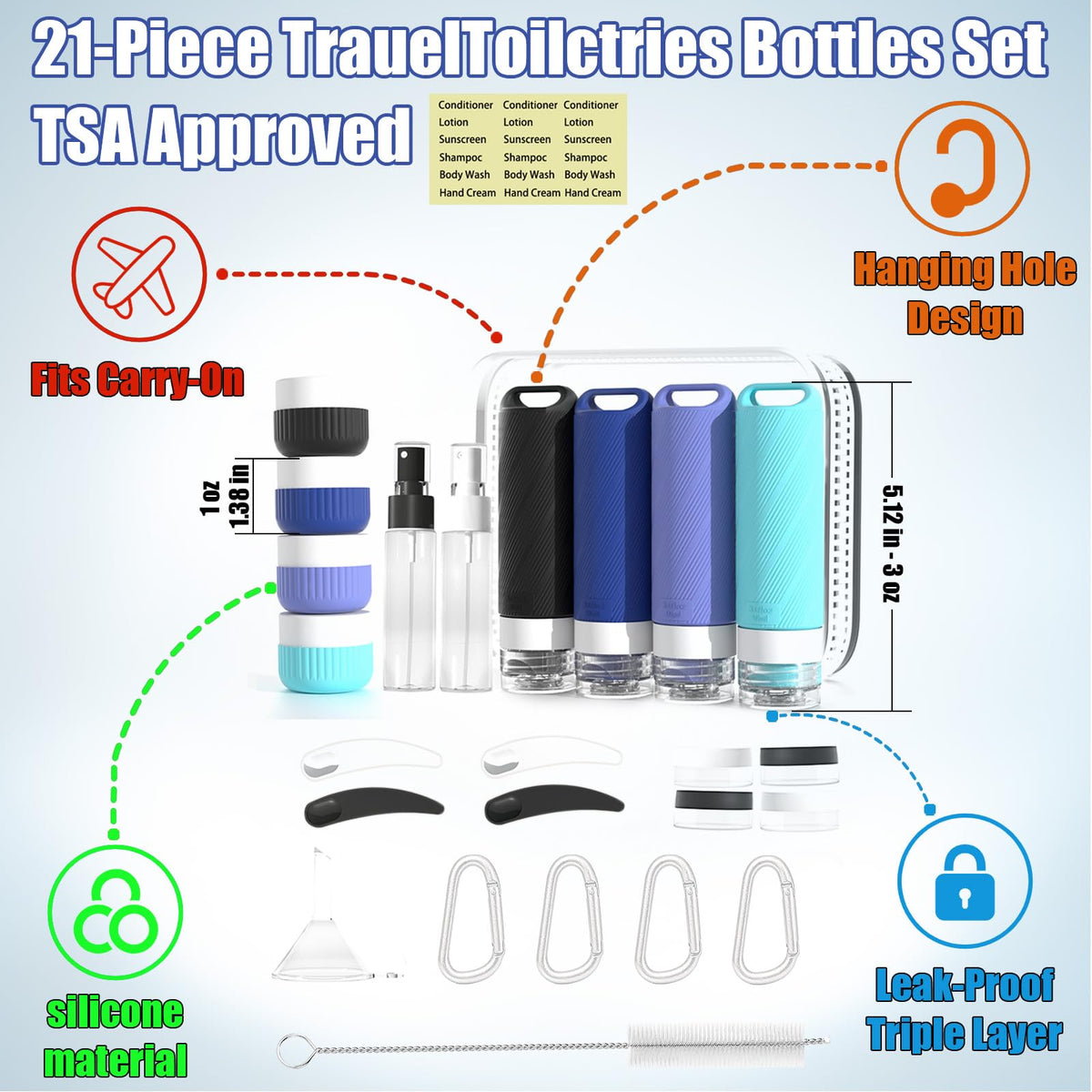 Udihch leakproof silicone bottles show triple-seal protection for spill-free travel.