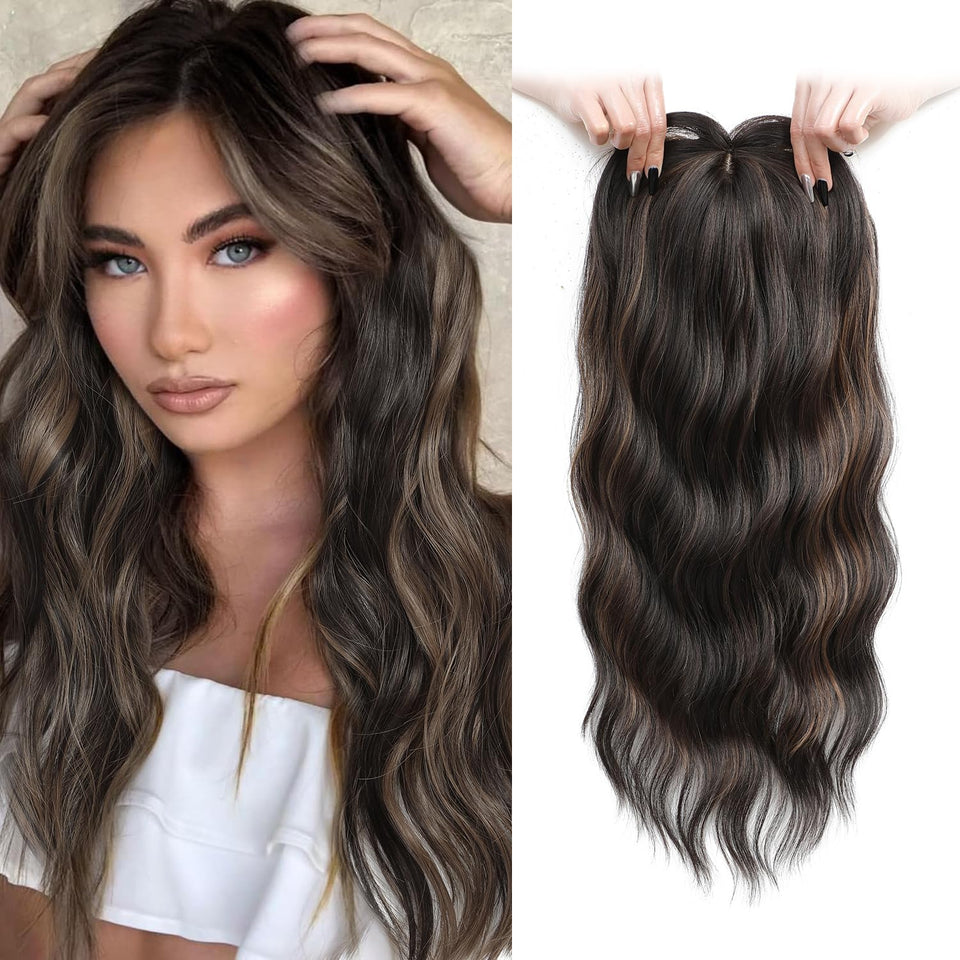 UDU Hair Topper 20inch Ombre Highlight full view showing voluminous waves for thinning hair.