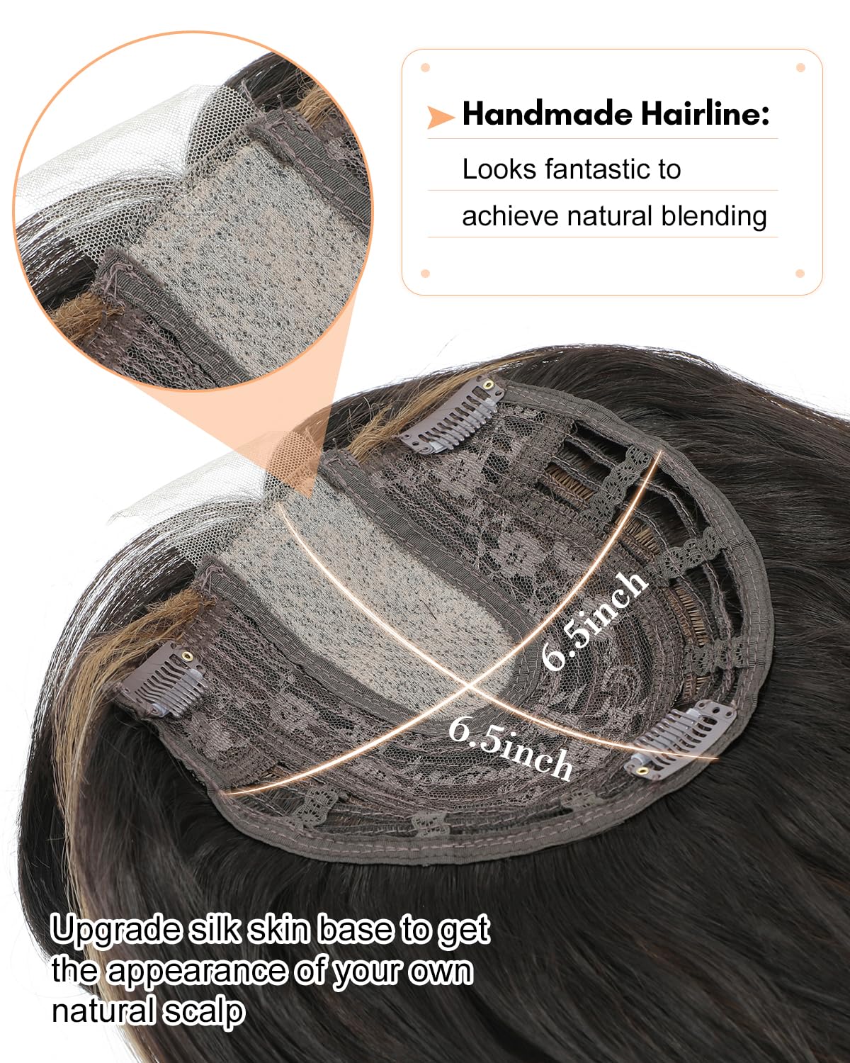 UDU Hair Topper clip-in points closeup highlights secure attachment and easy styling.