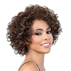 UDU short curly wig with bangs in piano brown for a natural daily look.