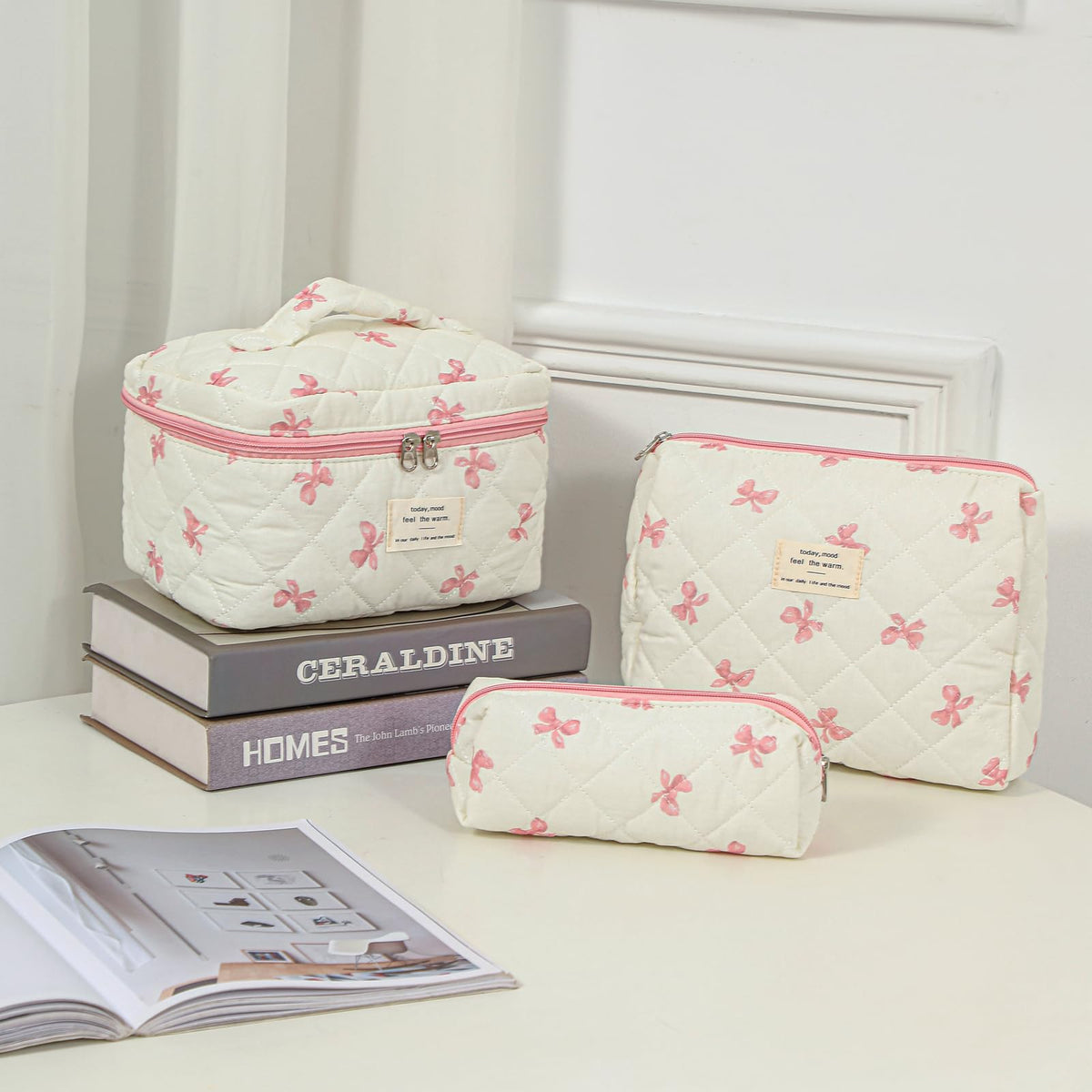 uekeboag floral interior view showing organized compartments for cosmetics and skincare.