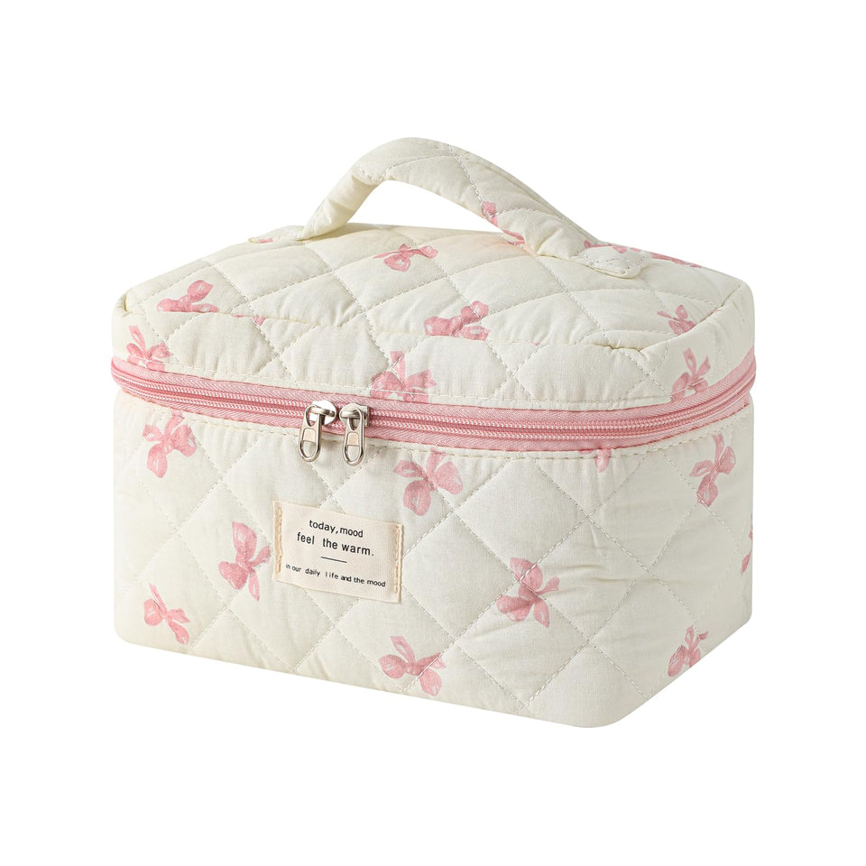 uekeboag large travel quilted makeup bag front view, floral pattern for stylish travel organization.