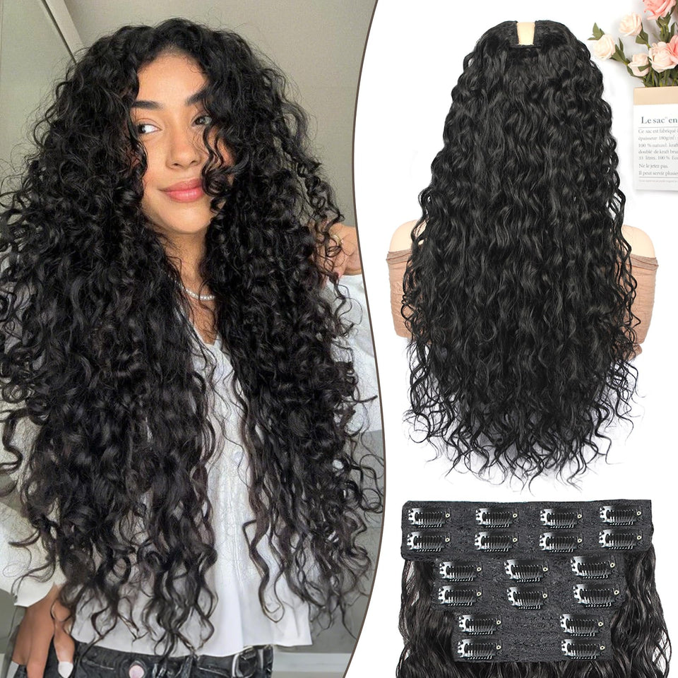 UENOKIPS Curly clip-in extensions water-wave 22in show natural volume and easy wear.
