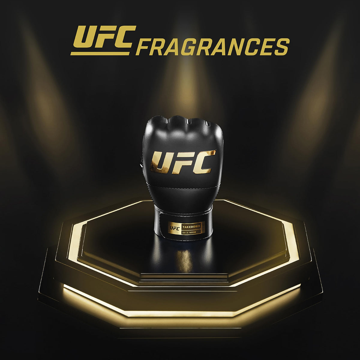 UFC Takedown bottle back label highlights lasting performance and layered notes.