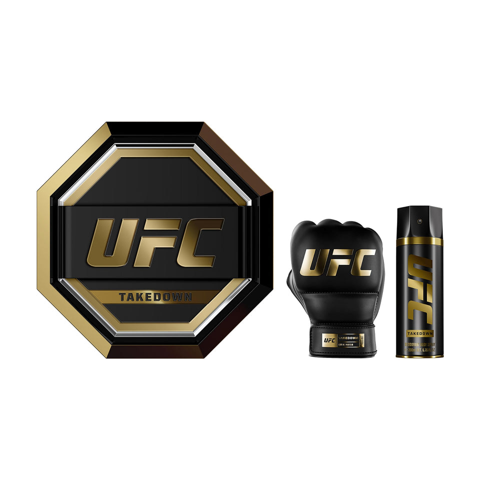 UFC Takedown bottle front shows the marine amber profile for daily wearable fragrance.