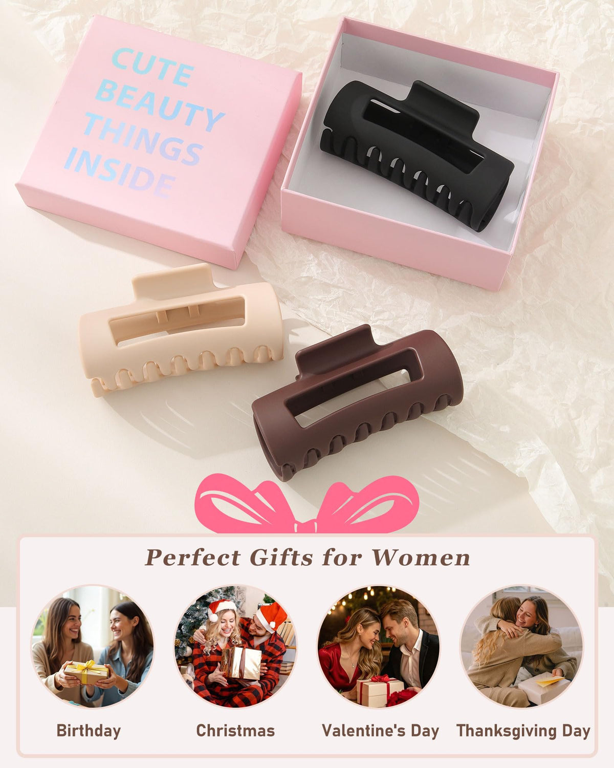 Ufgin three-pack silicone claw clips ready for gifting in attractive packaging