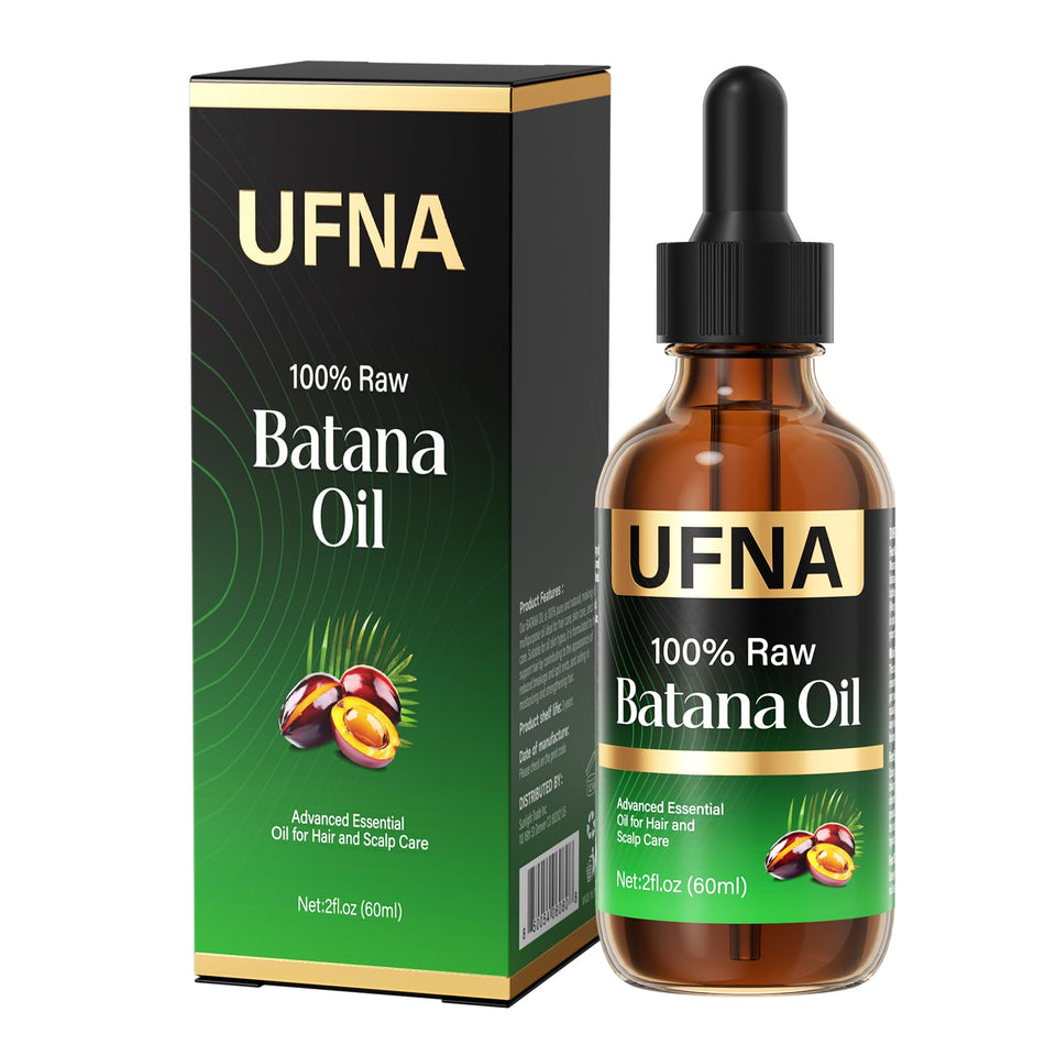 UFNA Batana Oil bottle close-up highlighting premium packaging and nourishing scalp care potential.