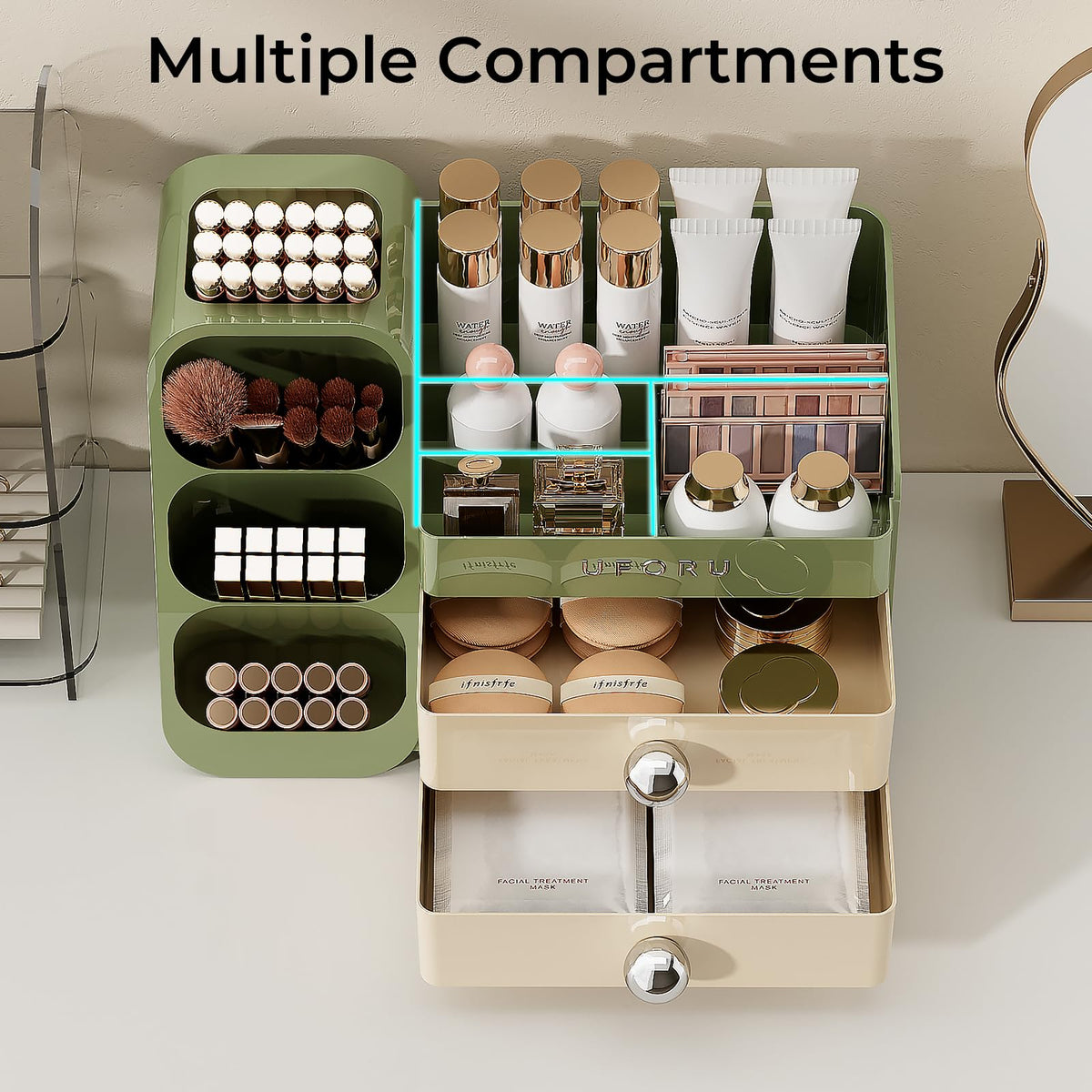 UFORU large-capacity cosmetic case offers ample storage for palettes and skincare bottles.