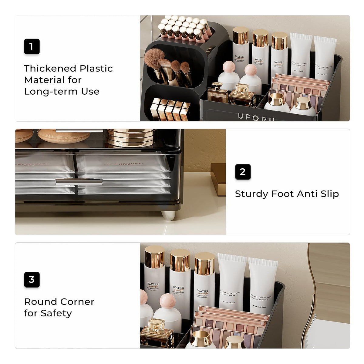 UFORU organizer with non-slip feet stays steady on countertops.
