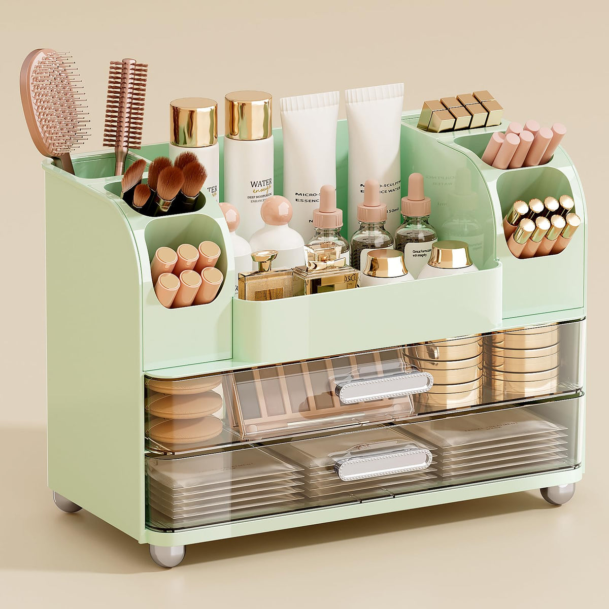 UFORU makeup organizer vanity with two drawers in green keeping cosmetics neatly accessible