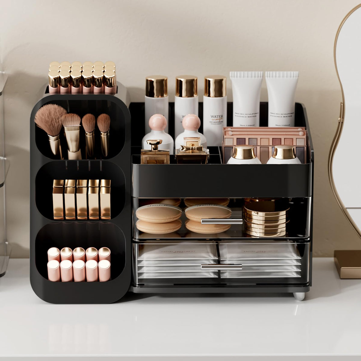 UFORU vanity organizer with open compartments for quick grab-and-go beauty items.