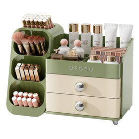 UFORU makeup organizer on vanity with clear compartments for easy access.