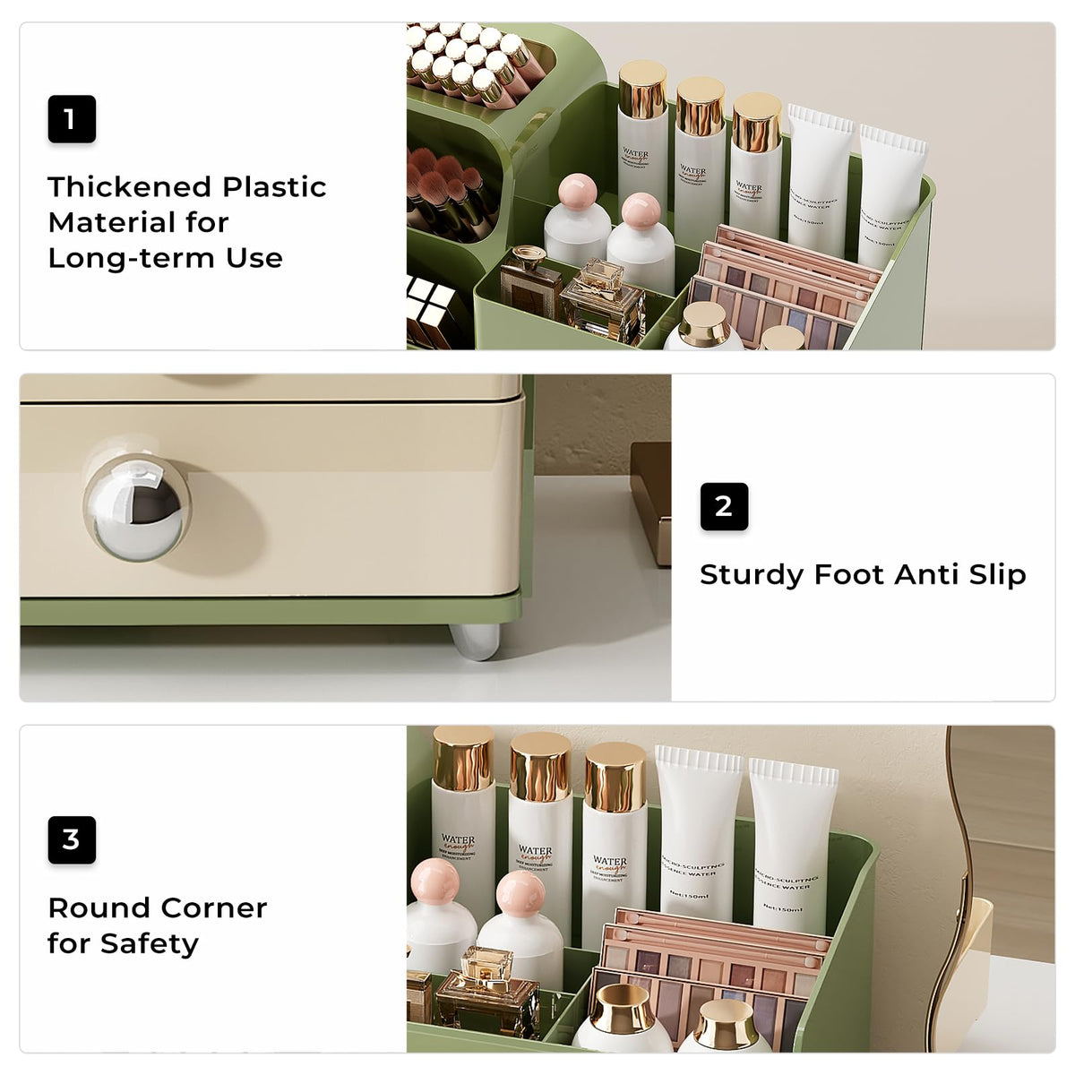 UFORU nail polish compartments prevent tipping and spills on a bathroom counter.