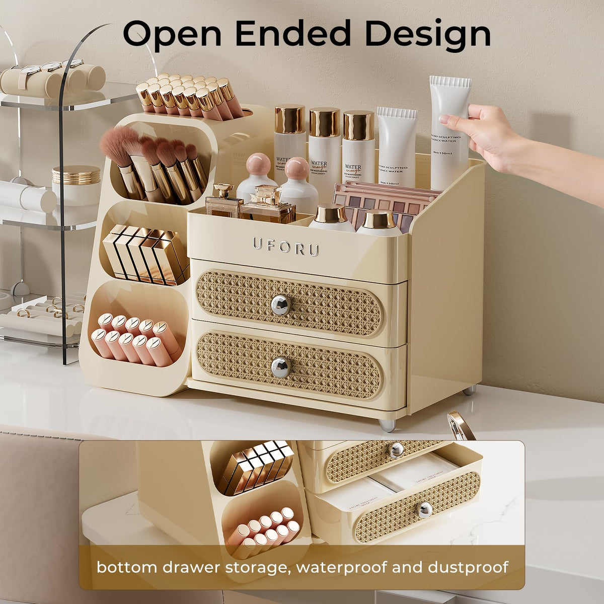 UFORU vanity perfume display keeps fragrances reachable and tidy.