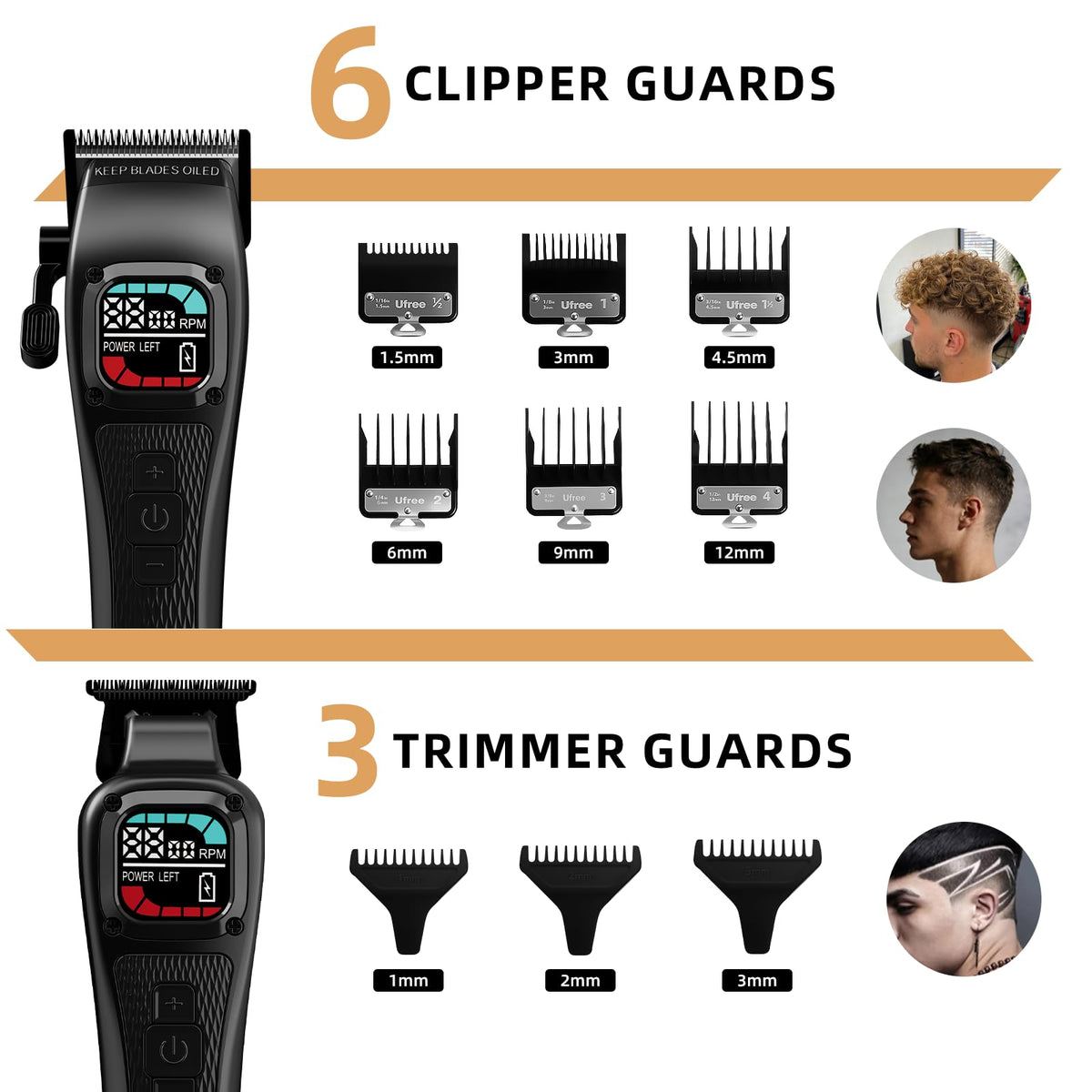 Ufree battery life claim image promotes 100 plus haircuts per charge.