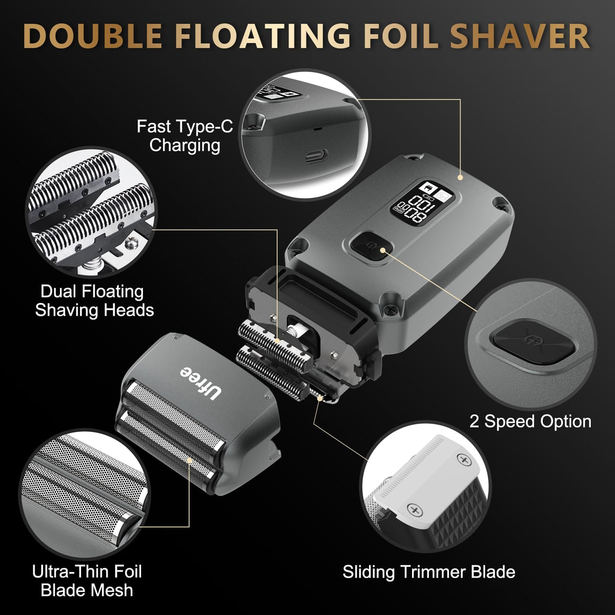 Ufree foil shaver dual-heads for close, irritation-free shave