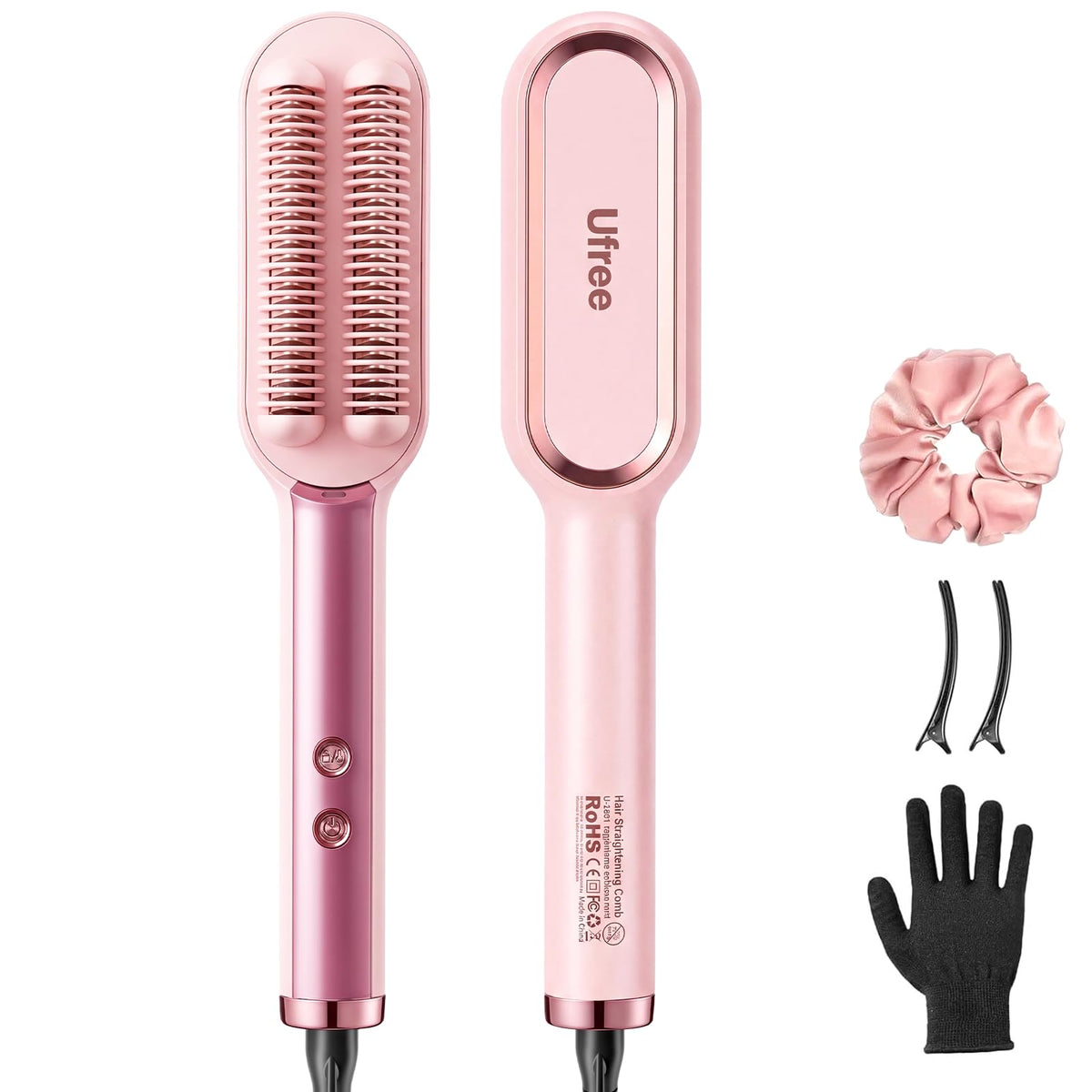 Ufree negative ions hair straightener brush angle view for smooth, frizz-free results.