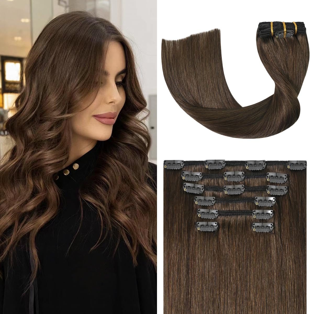 UGOTRAYS medium brown clip-in extensions in 18 inch length for natural fullness.