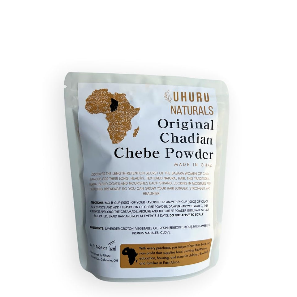 Uhuru Naturals ChadianChebe powder jar close-up shows moisture-friendly texture.