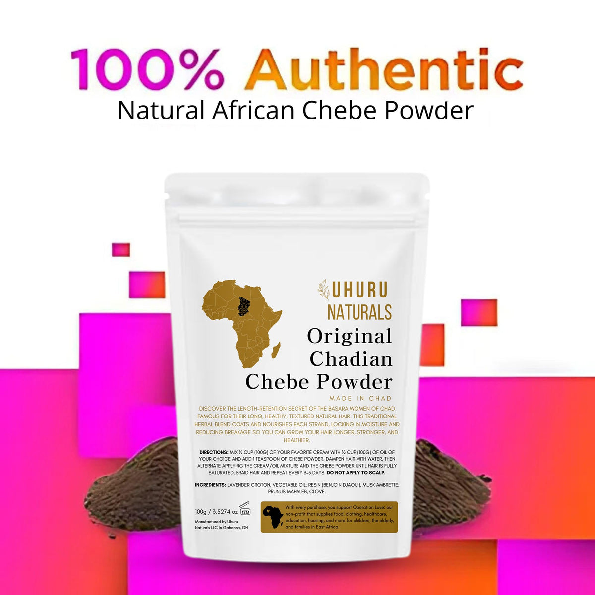 Uhuru Naturals Chebe powder with spoon ready for easy mixing.