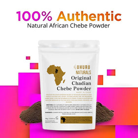 Uhuru Naturals Chebe powder with spoon ready for easy mixing.
