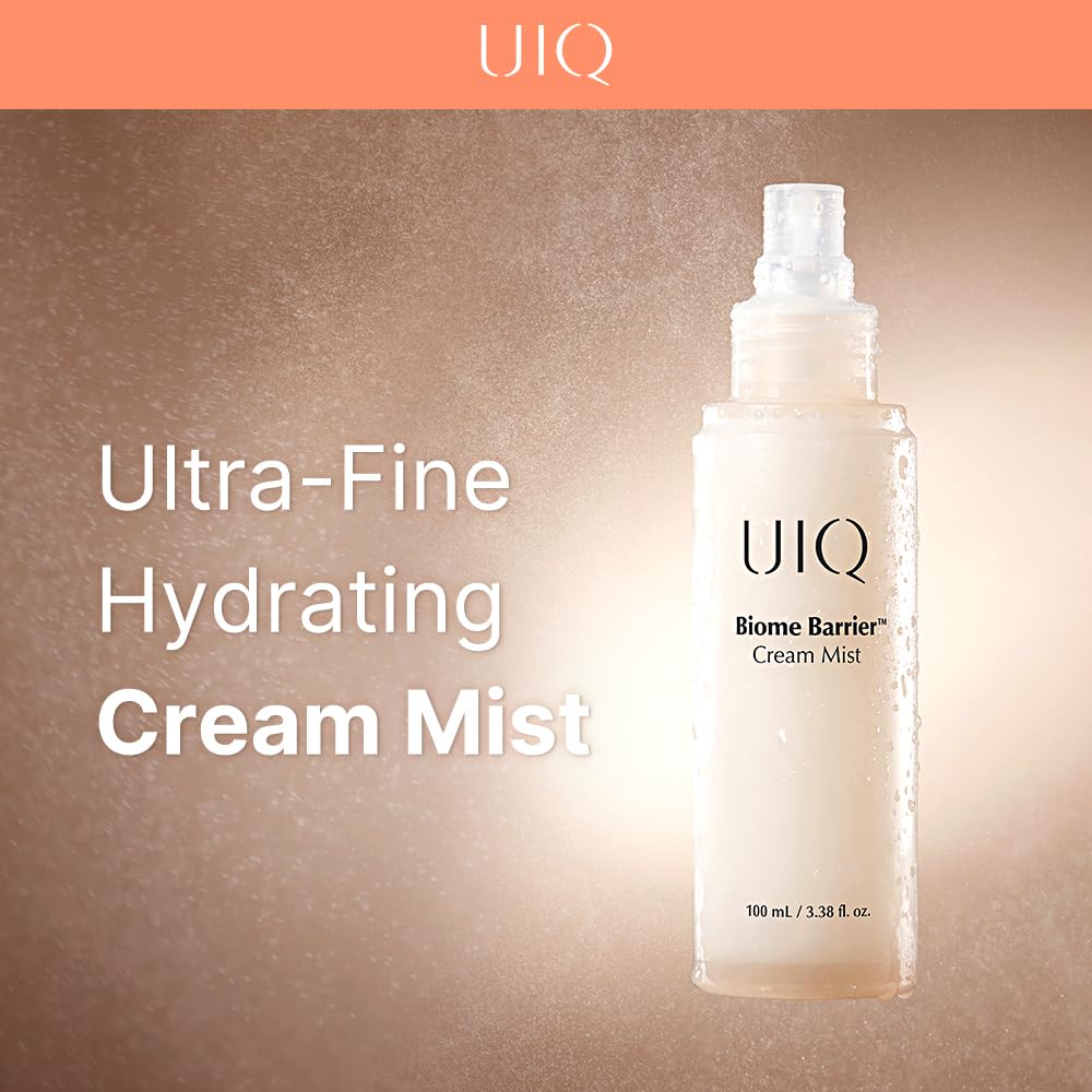 UIQ Biome Barrier Cream Mist spray in use, delivering instant hydration.