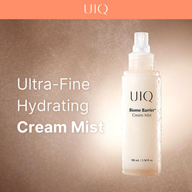 UIQ Biome Barrier Cream Mist spray in use, delivering instant hydration.