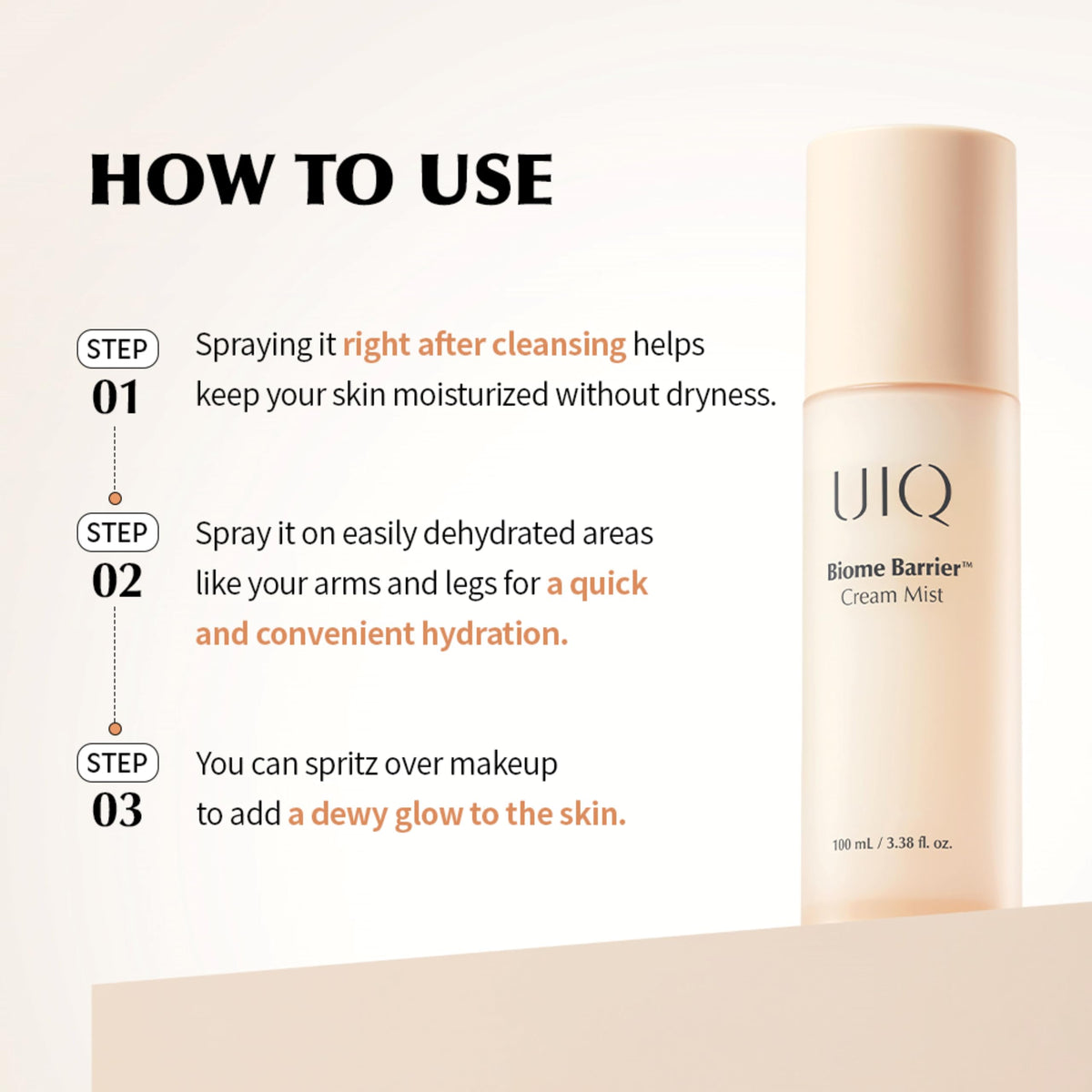 UIQ Biome Barrier Cream Mist pump detail shows precise dosing.