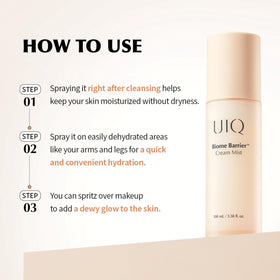 UIQ Biome Barrier Cream Mist pump detail shows precise dosing.