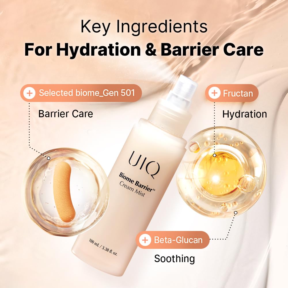 UIQ Biome Barrier Cream Mist alongside moisturizer in routine.