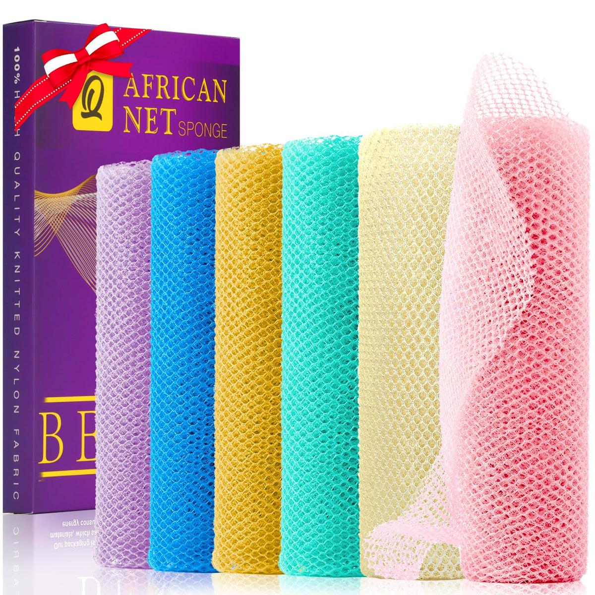 UJFQBH African Net Sponge 6pc set — front view, vibrant colors for shared family baths.