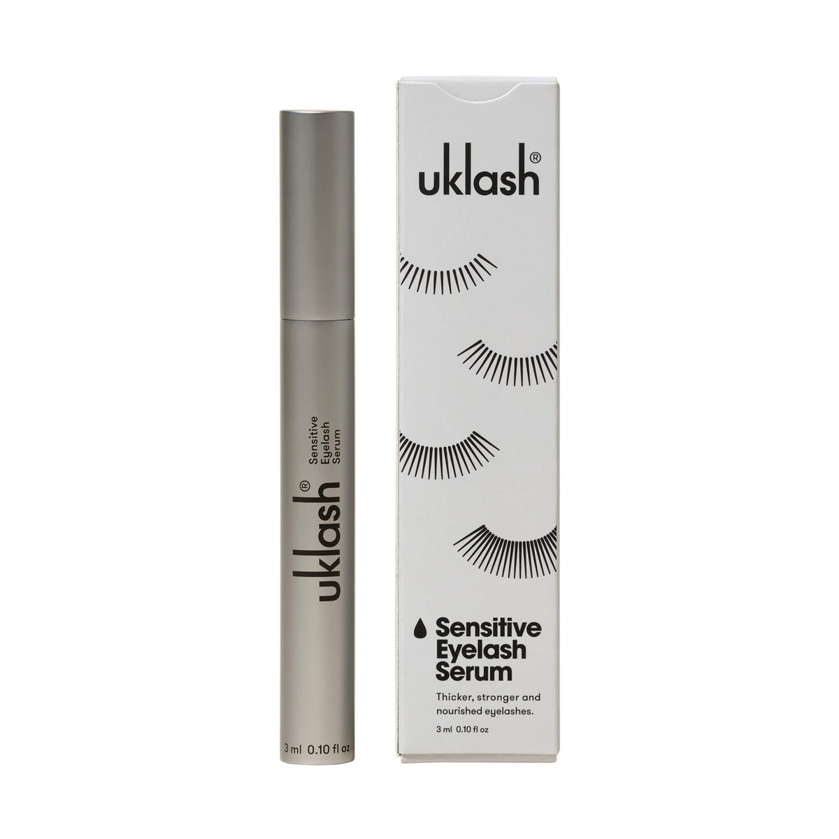 UKLASH Sensitive Eyelash Serum bottle highlights peptide formula for fuller lashes