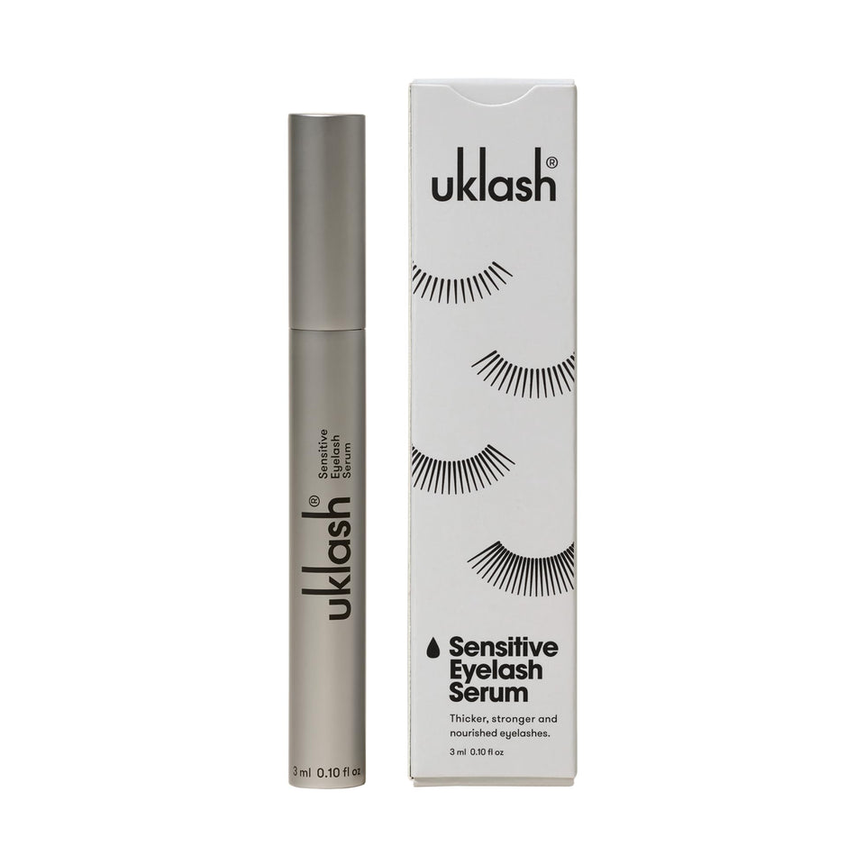 UKLASH Sensitive Eyelash Serum bottle highlights peptide formula for fuller lashes
