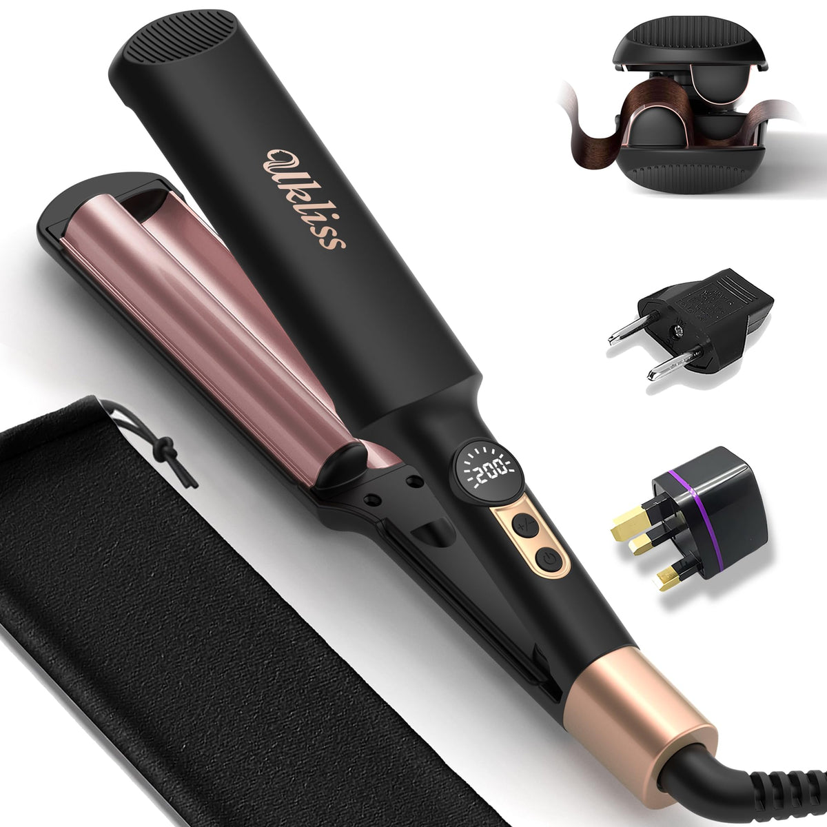 UKLISS Mini Waver in black with EU/UK plug adapter for travel-ready styling on the go.